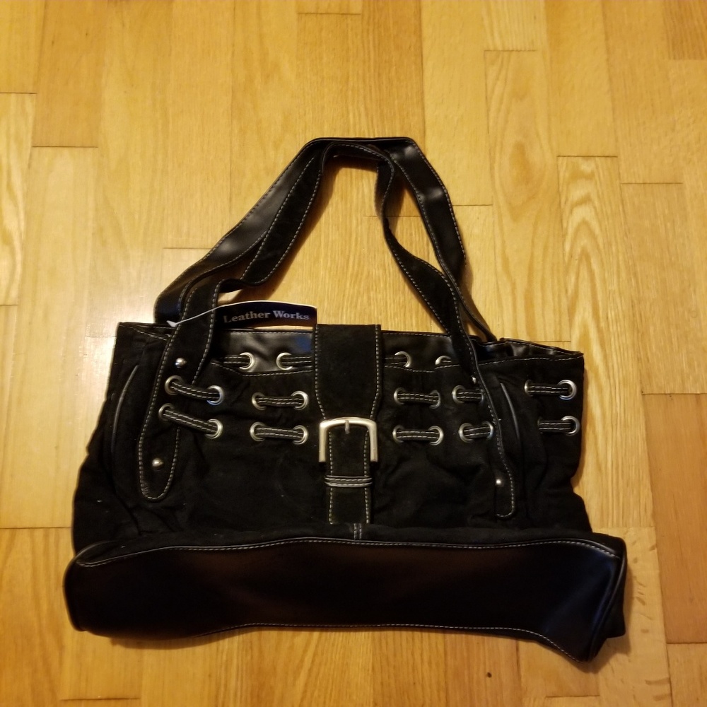Leather Works Black Stitched Suede Moto Purse